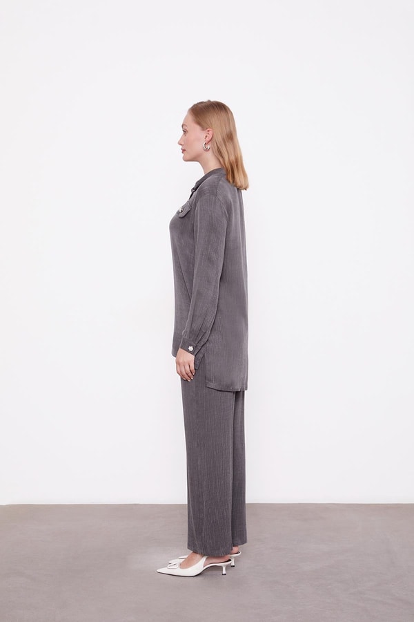 LevidorAntrasit Fermuar Yaka Düğme Cep Detaylı Tunik Takım