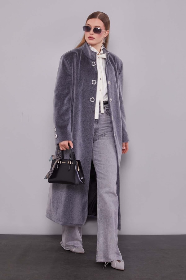 LevidorAntrasit Gold Aksesuar Detaylı Kürk Kaban