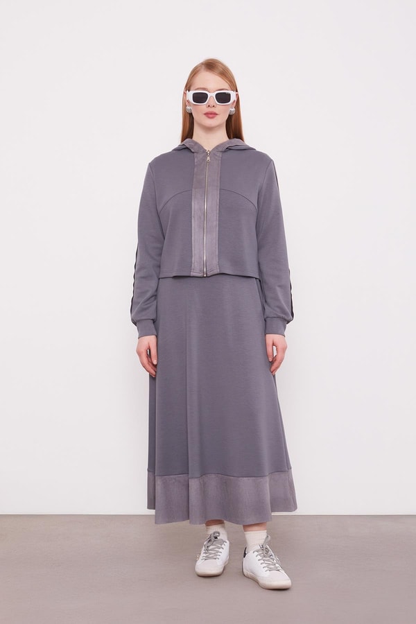 LevidorAntrasit Kısa Hırkalı Fermuar Kapamalı Etek Takım