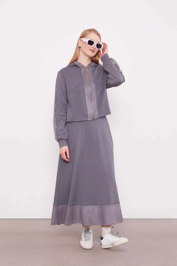 LevidorAntrasit Kısa Hırkalı Fermuar Kapamalı Etek Takım