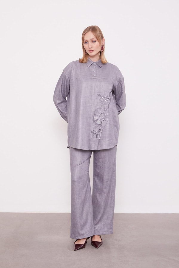 LevidorAntrasit Nakış Gül Detaylı Tunik Takım