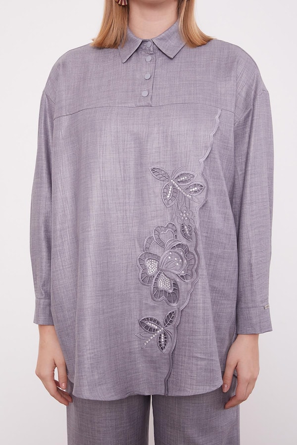 LevidorAntrasit Nakış Gül Detaylı Tunik Takım