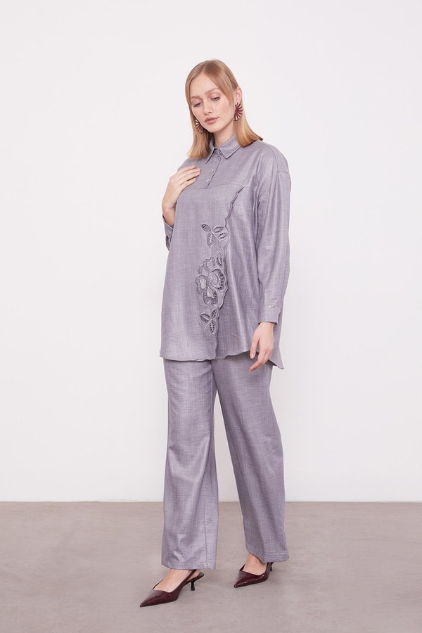 LevidorAntrasit Nakış Gül Detaylı Tunik Takım