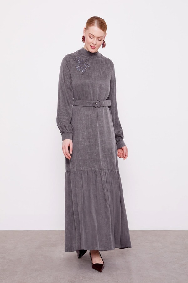 LevidorAntrasit Omuz Nakış Detaylı Cupra Elbise