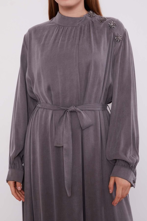 LevidorAntrasit Omuz Taş Çiçek Detaylı Cupra Elbise