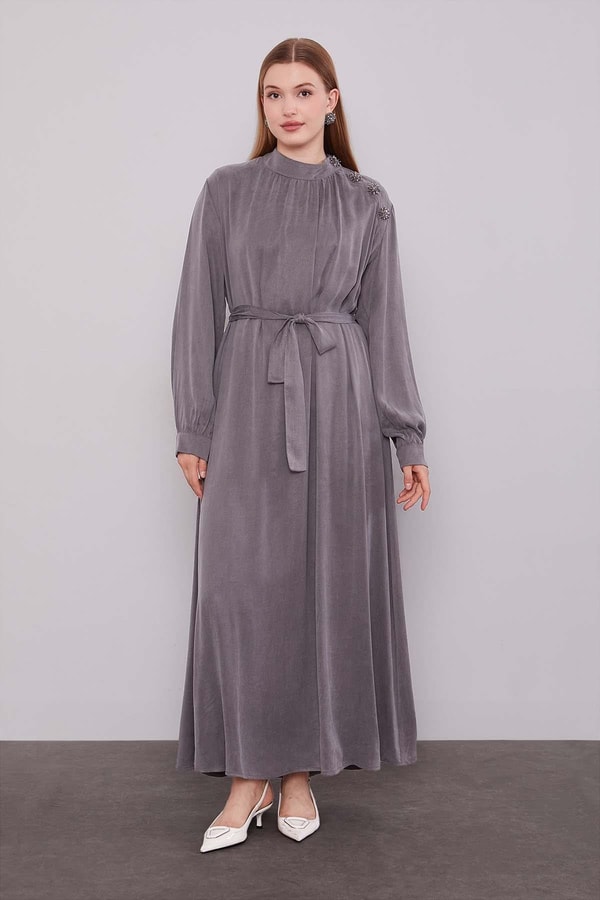 LevidorAntrasit Omuz Taş Çiçek Detaylı Cupra Elbise