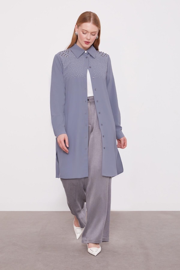 LevidorAntrasit Omzu Kare Taşlı Tunik