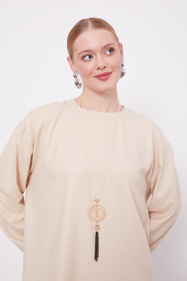 LevidorBej Asimetrik Kesim Şifon Detaylu Tunik Takım