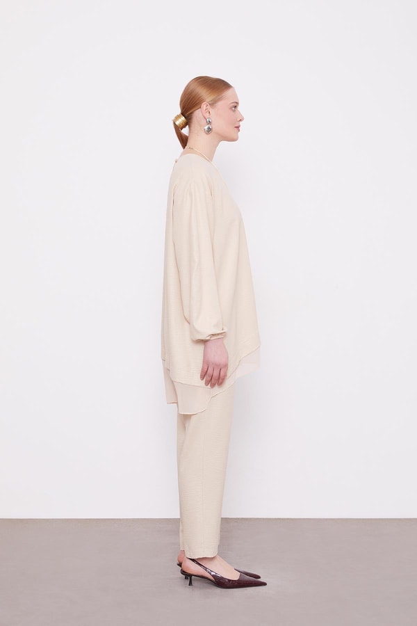LevidorBej Asimetrik Kesim Şifon Detaylu Tunik Takım
