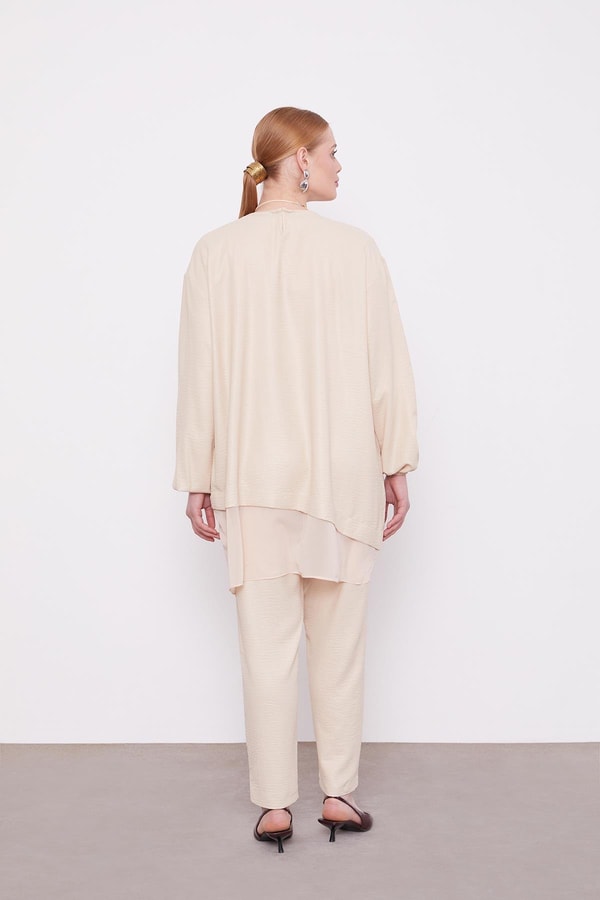 LevidorBej Asimetrik Kesim Şifon Detaylu Tunik Takım