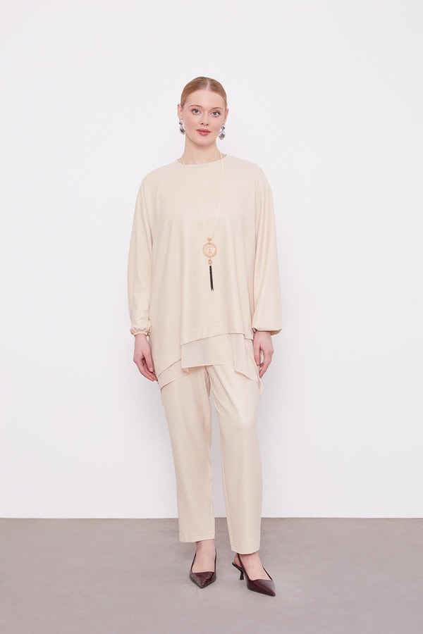 LevidorBej Asimetrik Kesim Şifon Detaylu Tunik Takım