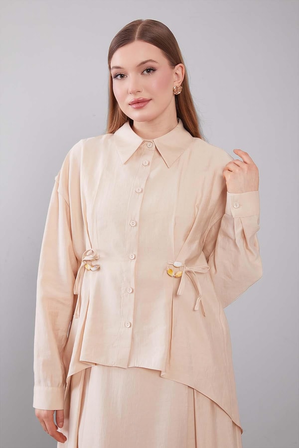 LevidorBej Boncuk Bağlama Detaylı Etek Takım