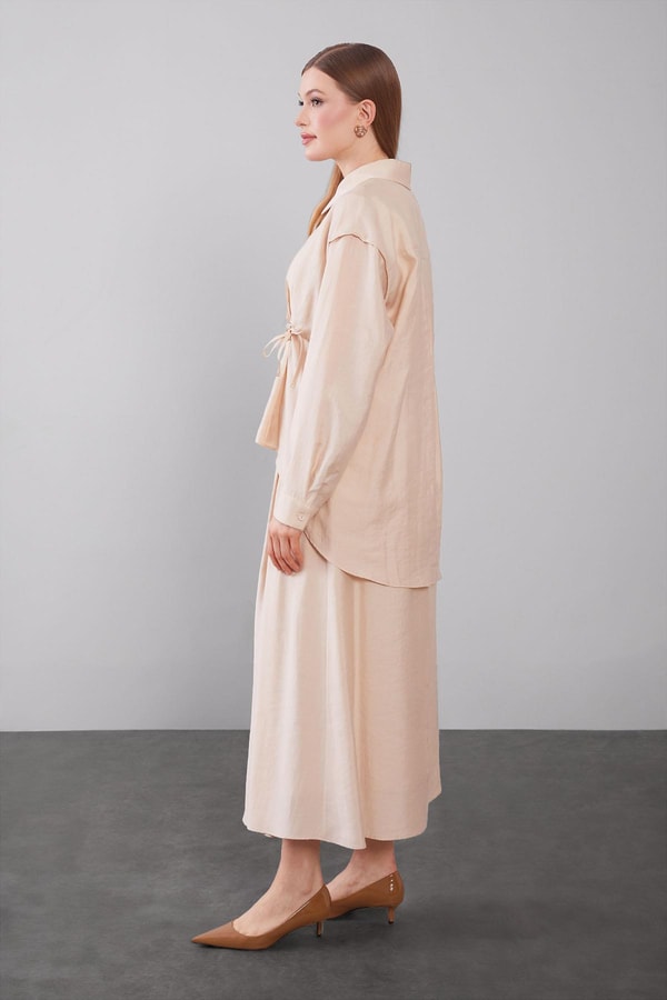 LevidorBej Boncuk Bağlama Detaylı Etek Takım