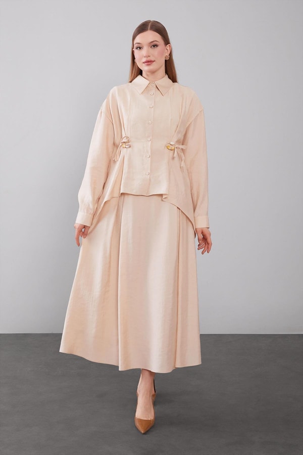 LevidorBej Boncuk Bağlama Detaylı Etek Takım