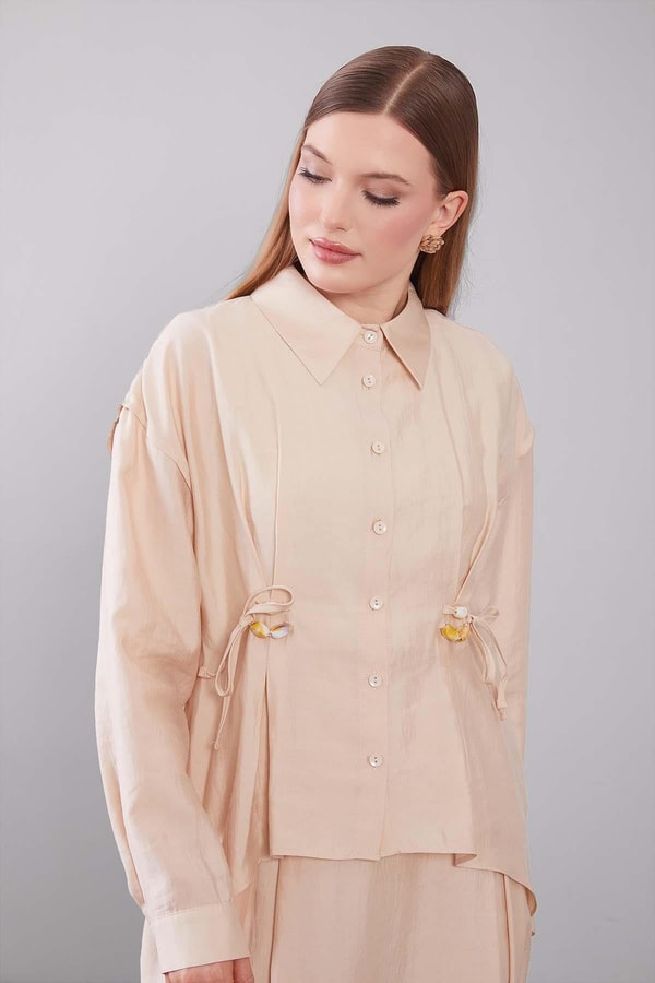 LevidorBej Boncuk Bağlama Detaylı Etek Takım