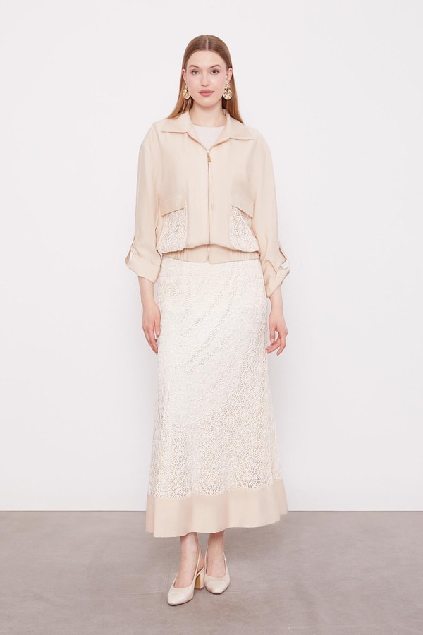LevidorBej Çiçek Dantelli Etek Takım