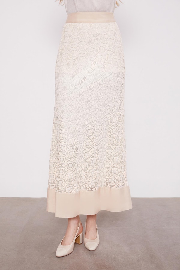 LevidorBej Çiçek Dantelli Etek Takım