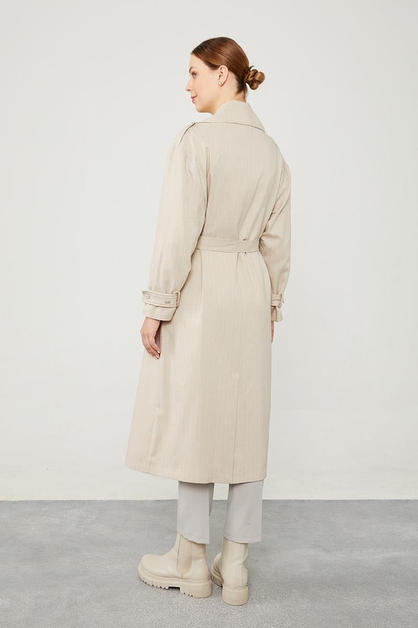 LevidorBej Çizgili Desen Kuşak Kapamalı Trençkot