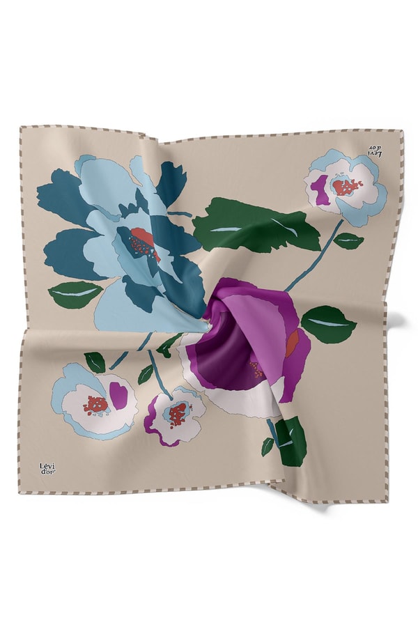 LevidorBej Çizim Çiçek Desen Twill İpek Eşarp