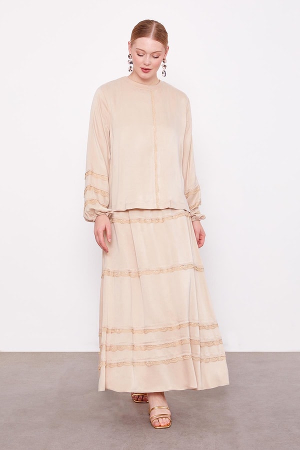 LevidorBej Dantel Şeritli Cupra Etek Takım