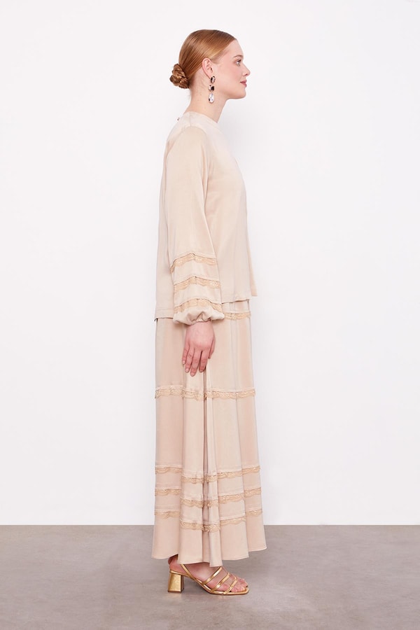 LevidorBej Dantel Şeritli Cupra Etek Takım