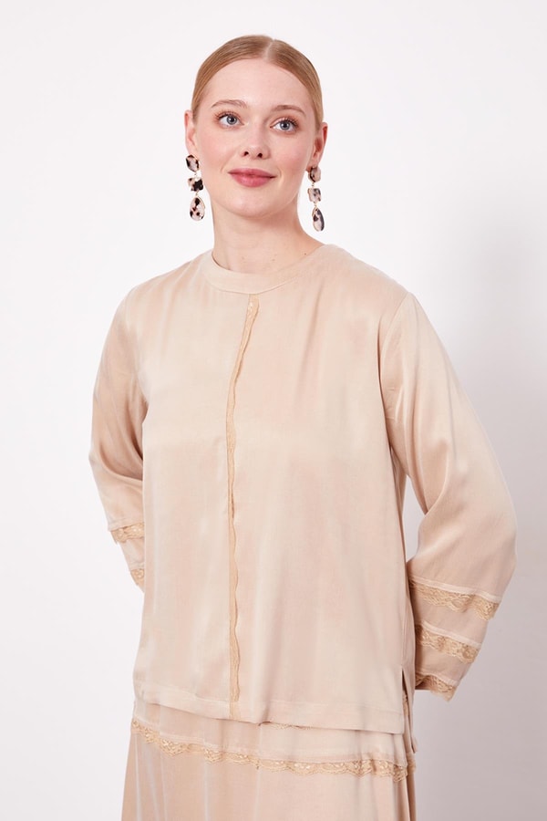 LevidorBej Dantel Şeritli Cupra Etek Takım