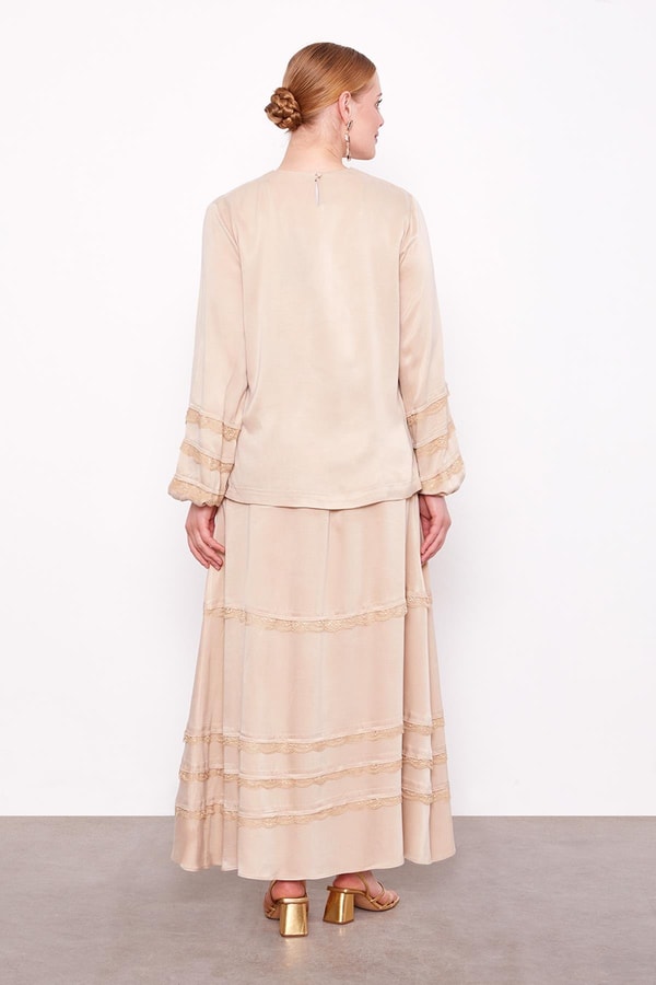 LevidorBej Dantel Şeritli Cupra Etek Takım