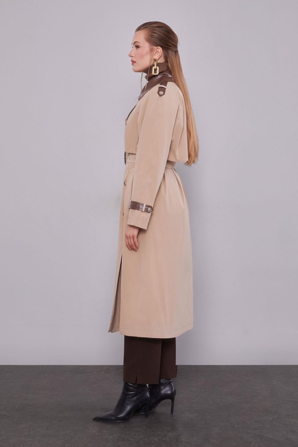 LevidorBej Deri Kumaş Detaylı Trençkot