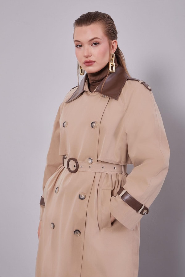 LevidorBej Deri Kumaş Detaylı Trençkot