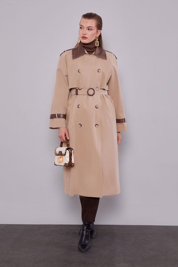 LevidorBej Deri Kumaş Detaylı Trençkot