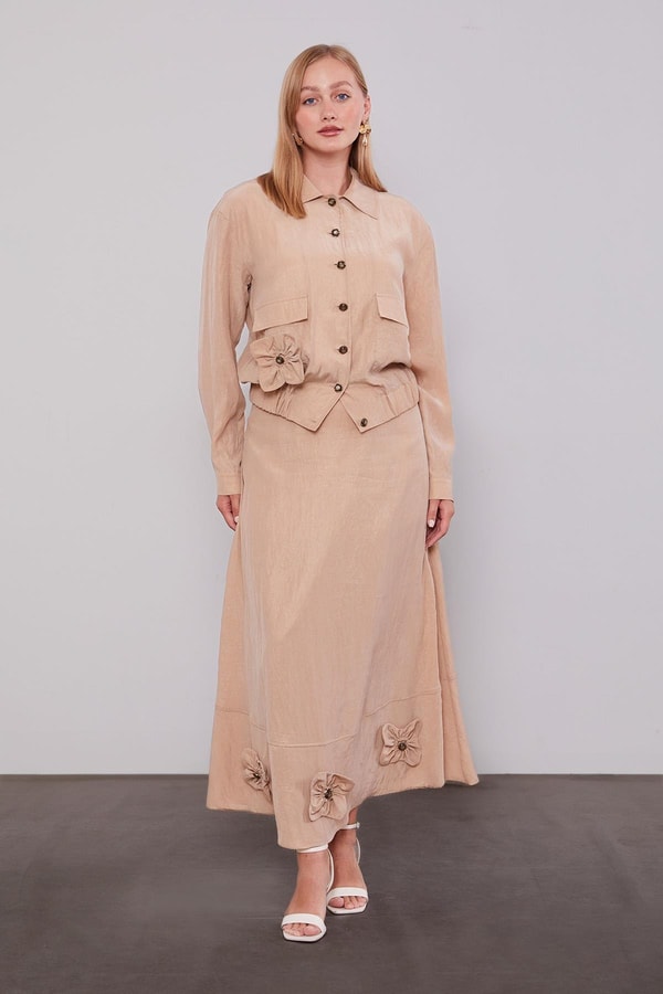 LevidorBej Gül Detaylı Cupra Etekli Takım