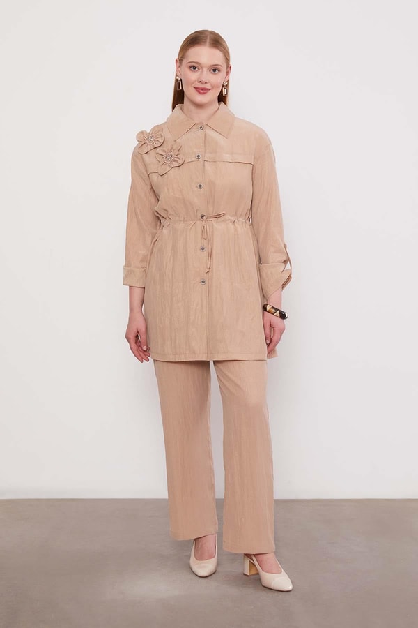 LevidorBej İşleme Omuz Detaylı Cupra İkili Takım