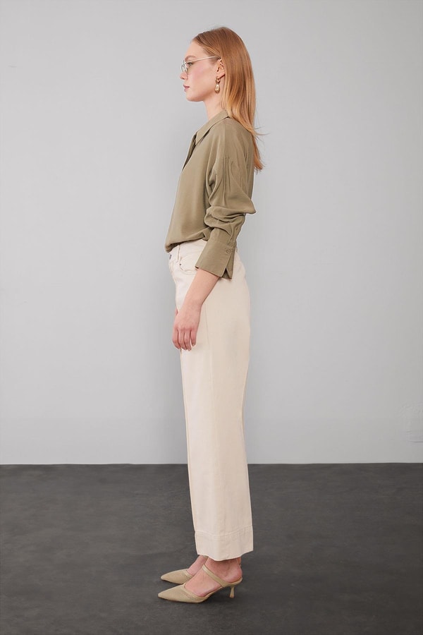 LevidorBej Katlı Paçalı Wideleg Pantolon