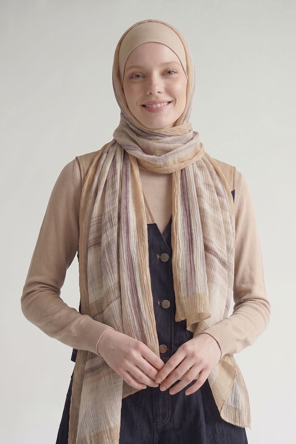 LevidorBej Kenarları Çizgili Müslin Şal
