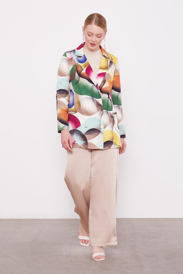 LevidorBej Kruvaze Desenli Ceket