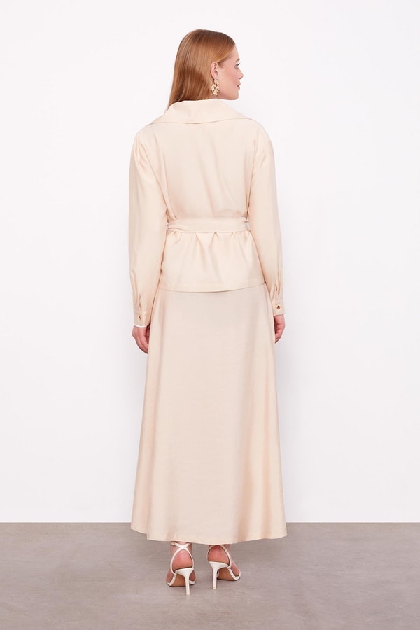 LevidorBej Kuşak Detaylı Etek Takım