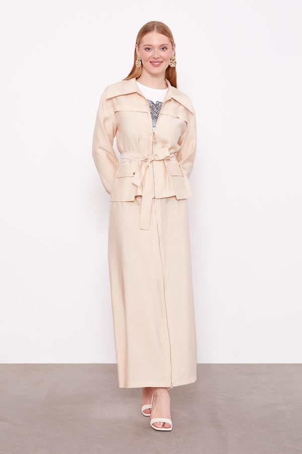 LevidorBej Kuşak Detaylı Etek Takım