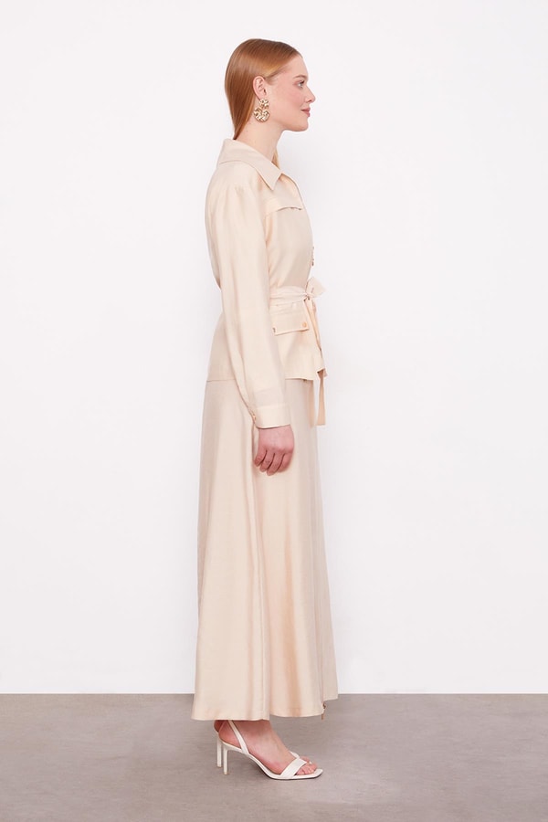 LevidorBej Kuşak Detaylı Etek Takım