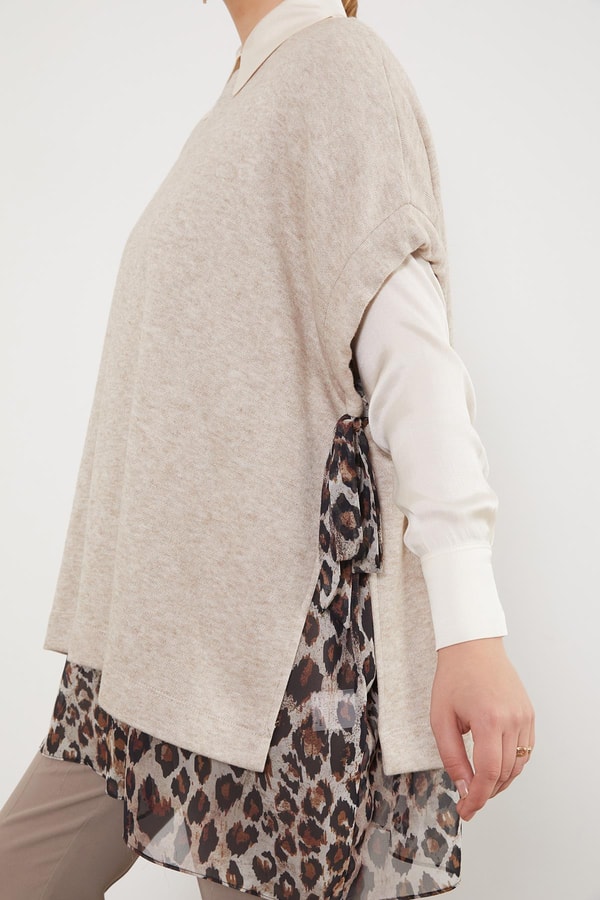 LevidorBej Leopar Tül Detaylı Tunik