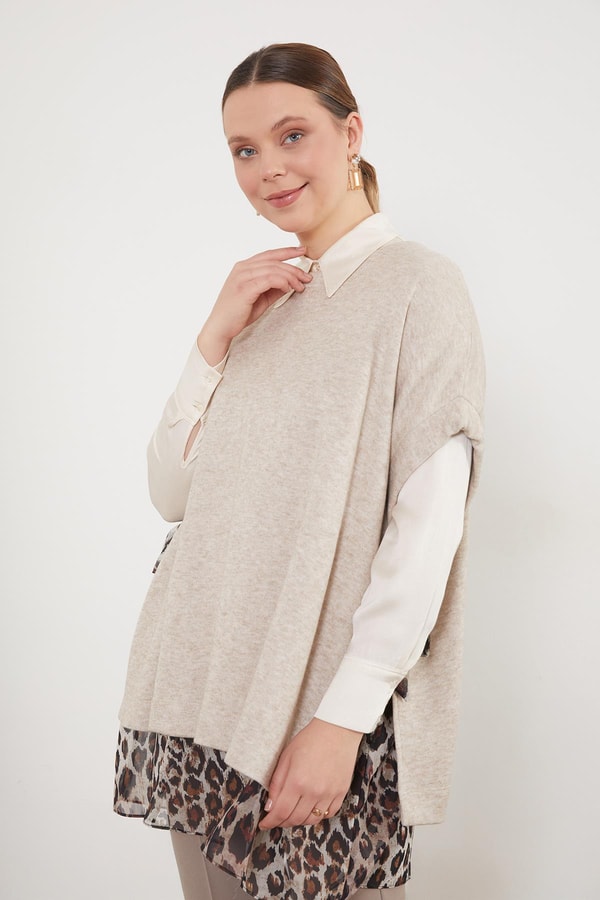 LevidorBej Leopar Tül Detaylı Tunik