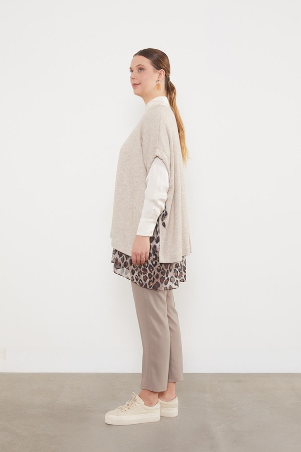 LevidorBej Leopar Tül Detaylı Tunik