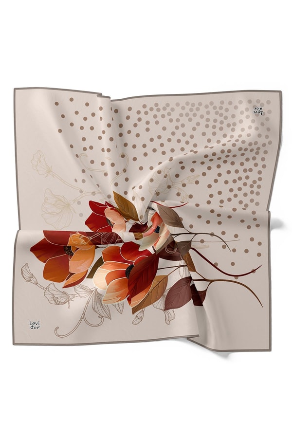 LevidorBej Lotus Çiçek Desen Twill İpek Eşarp
