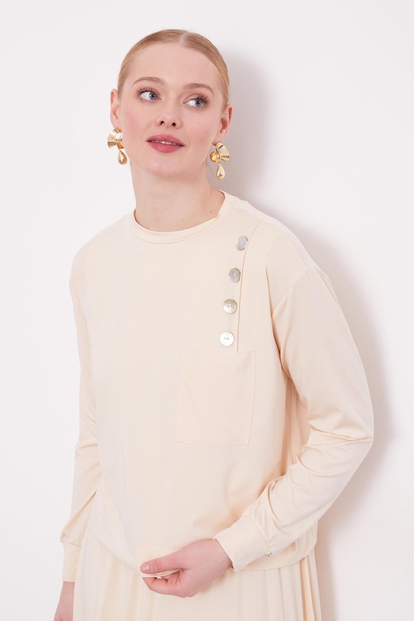 LevidorBej Omuz Düğme Detaylı Etek Takım