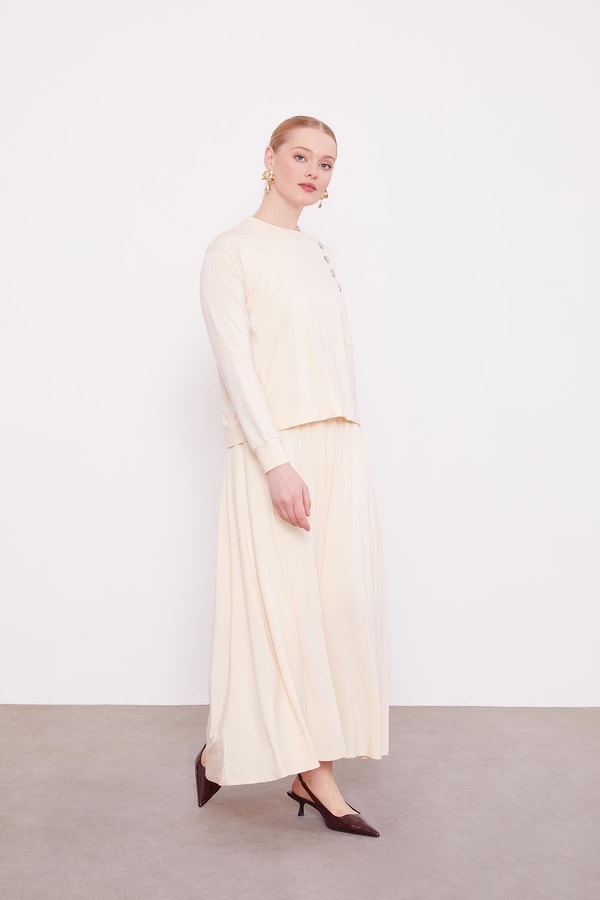 LevidorBej Omuz Düğme Detaylı Etek Takım