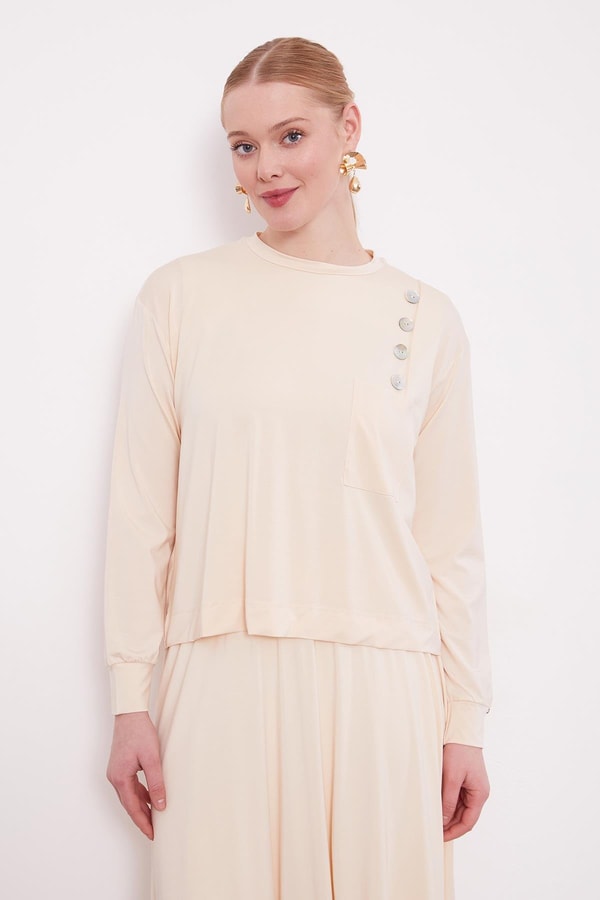 LevidorBej Omuz Düğme Detaylı Etek Takım