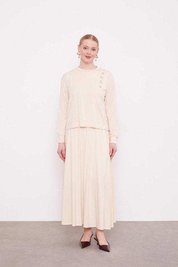 LevidorBej Omuz Düğme Detaylı Etek Takım