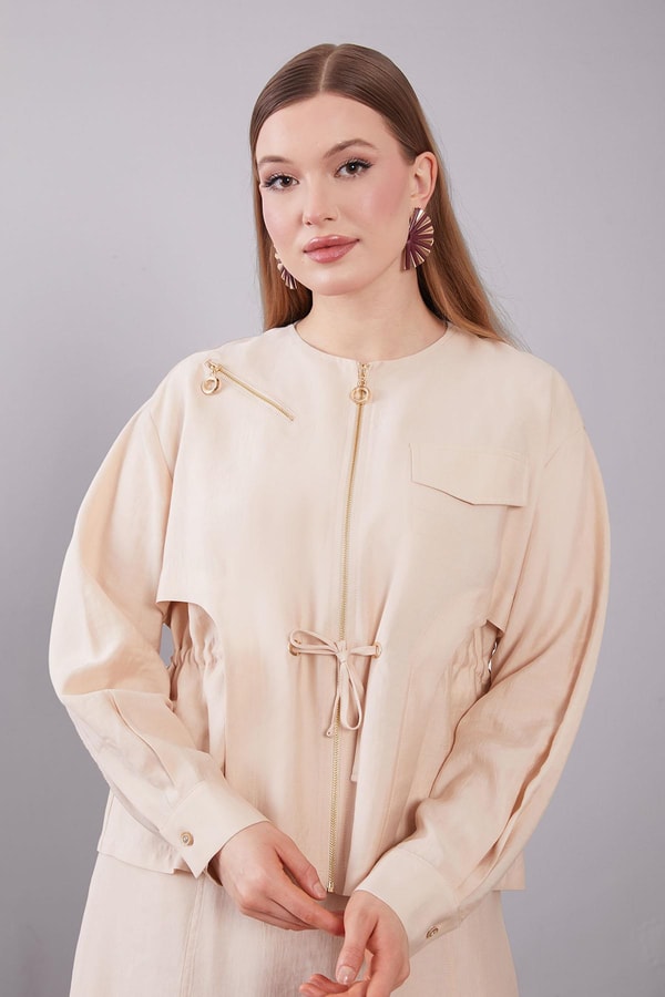 LevidorBej Omuz Fermuar Detaylı Etek Takım