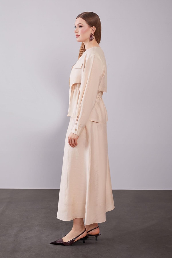 LevidorBej Omuz Fermuar Detaylı Etek Takım