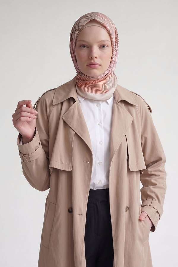 LevidorBej Sarmal Çizgili Twill İpek Eşarp