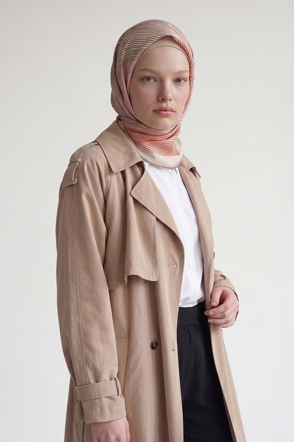 LevidorBej Sarmal Çizgili Twill İpek Eşarp